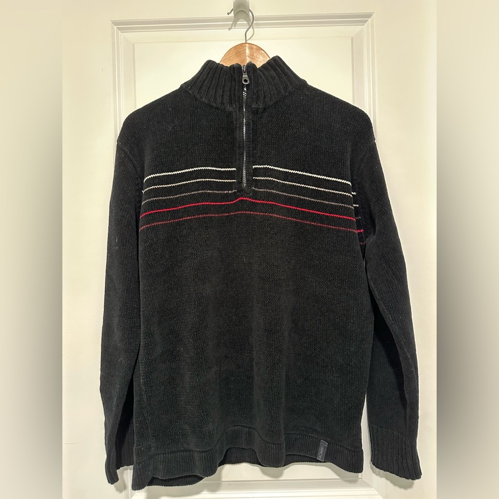 Brody Jeans Vintage Y2K Black Quarter-Zip Chenille  Sweater with Stripes  XL